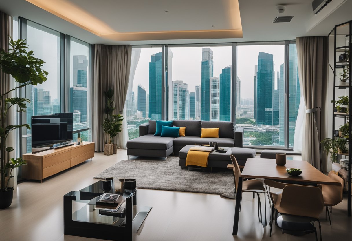 A modern expat apartment in Singapore with sleek furniture and city views, blending seamlessly into the vibrant urban lifestyle