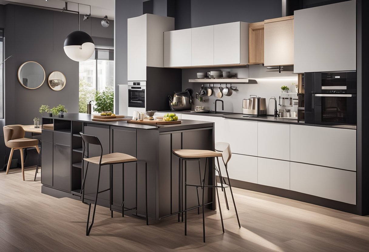 A compact kitchen with space-saving furniture, including a foldable table, stackable chairs, and multi-functional storage units