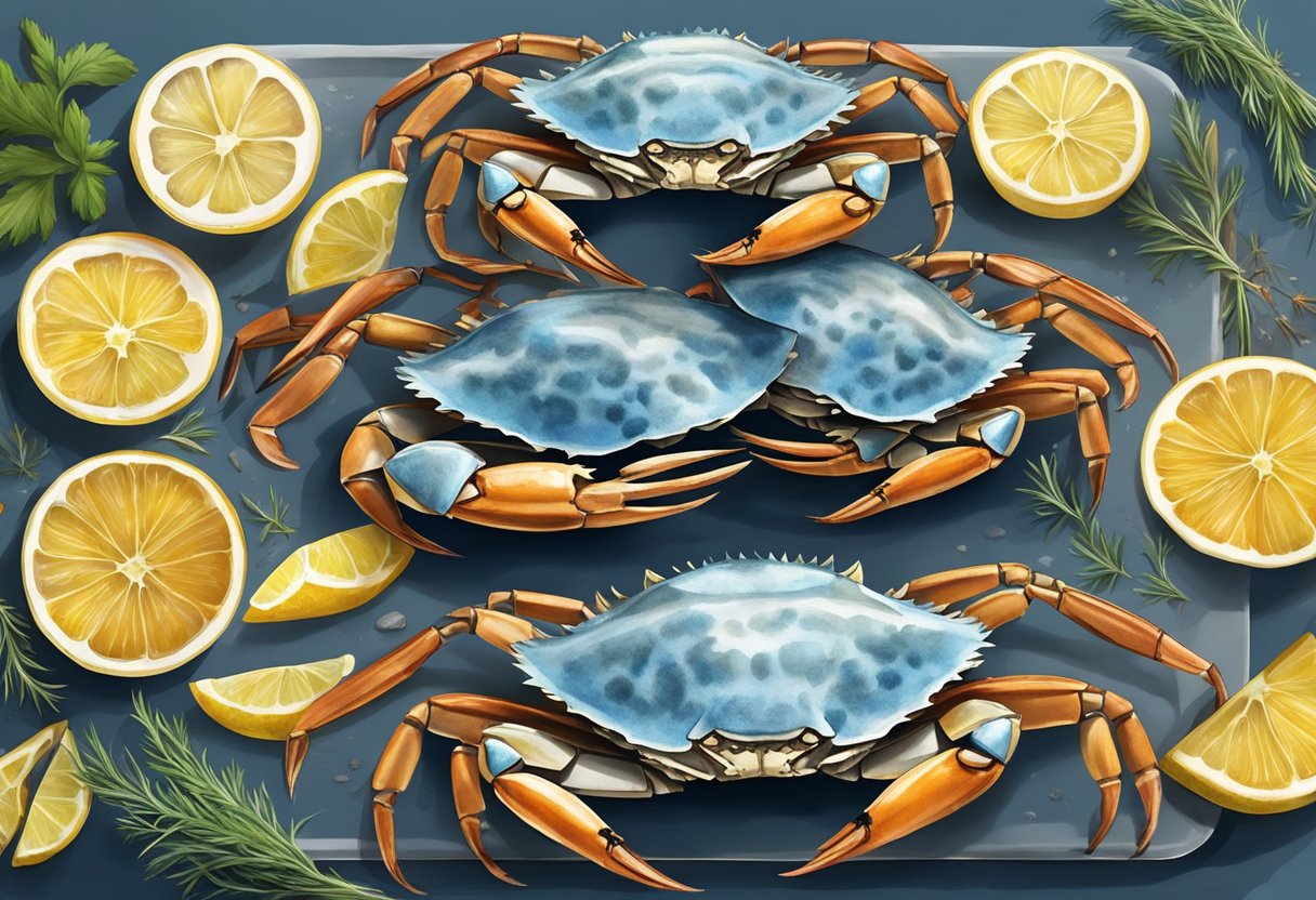 Blue crabs arranged on a baking sheet, seasoned with herbs and spices, ready to be broiled
