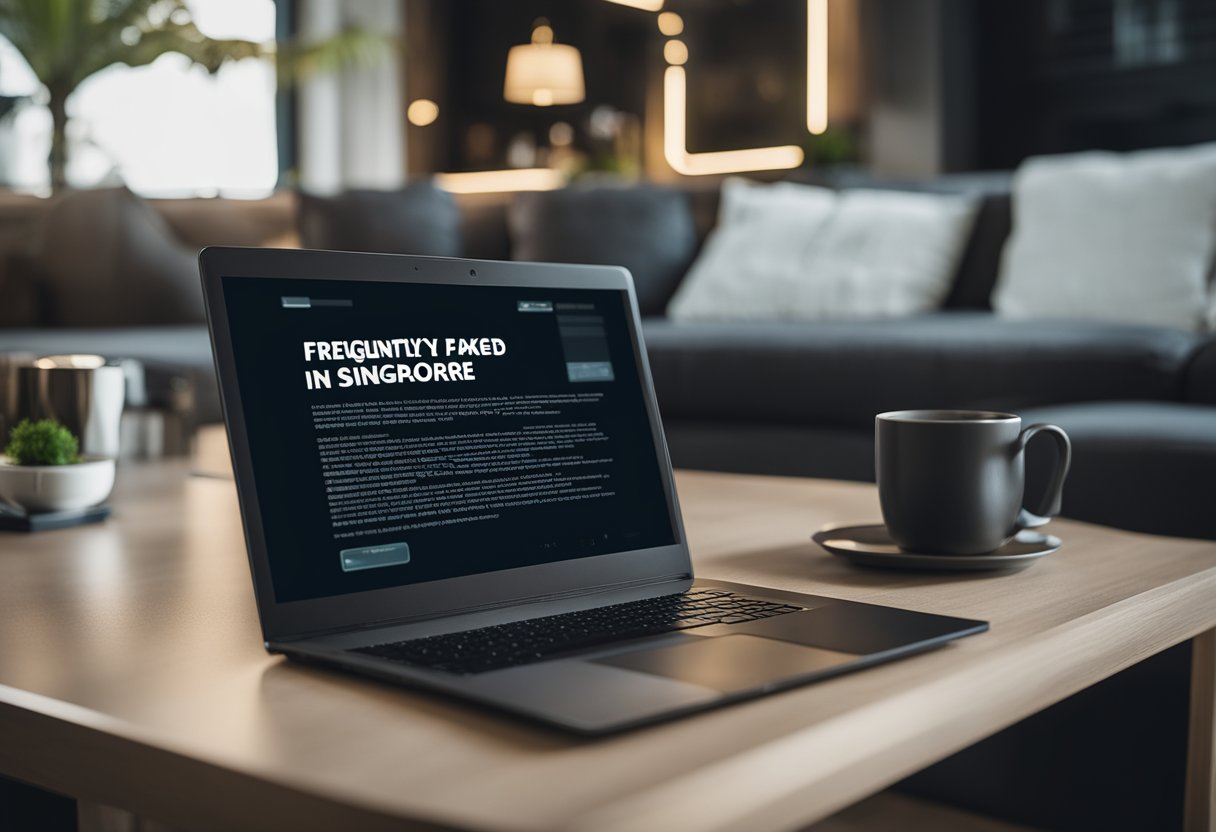An open laptop with a list of "Frequently Asked Questions" about expat living in Singapore, surrounded by modern furniture and decor