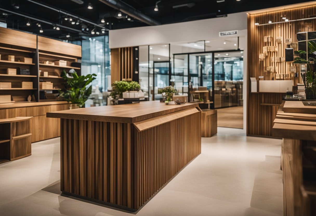 A showroom with various timber furniture displayed, accompanied by a sign reading "Frequently Asked Questions timber furniture singapore."