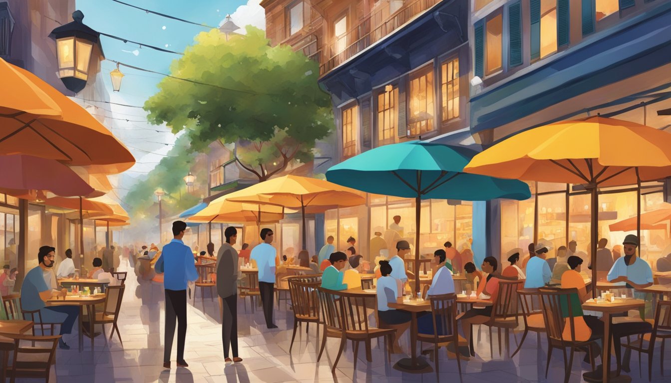 A bustling street lined with diverse eateries, each emitting tantalizing aromas. Patrons enjoy outdoor dining under vibrant umbrellas, creating a lively and inviting atmosphere