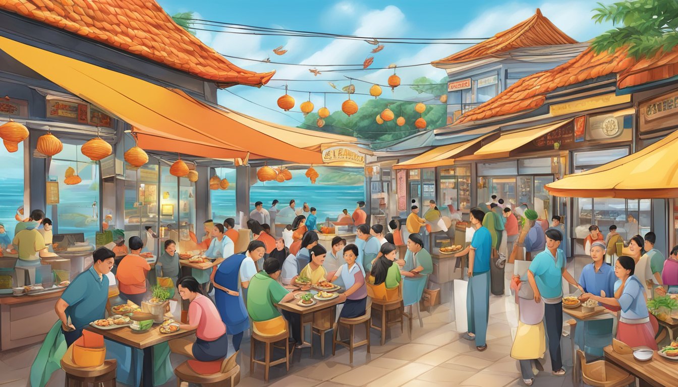 A bustling seafood restaurant, with colorful banners and bustling activity, showcasing the vibrant energy of Chai Chee Seafood Delights