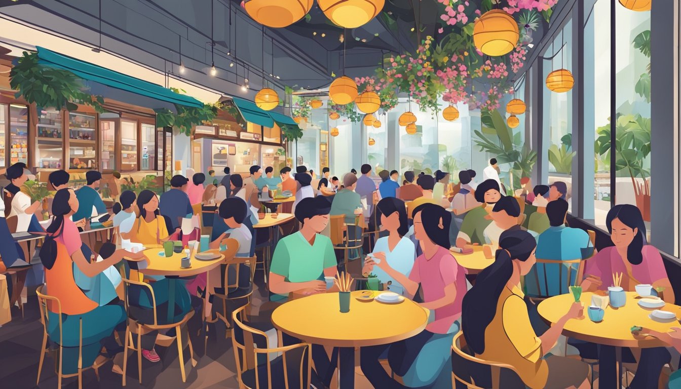 A bustling restaurant in Singapore, with colorful decor and a lively atmosphere. Tables are filled with delicious food and patrons enjoying their meals