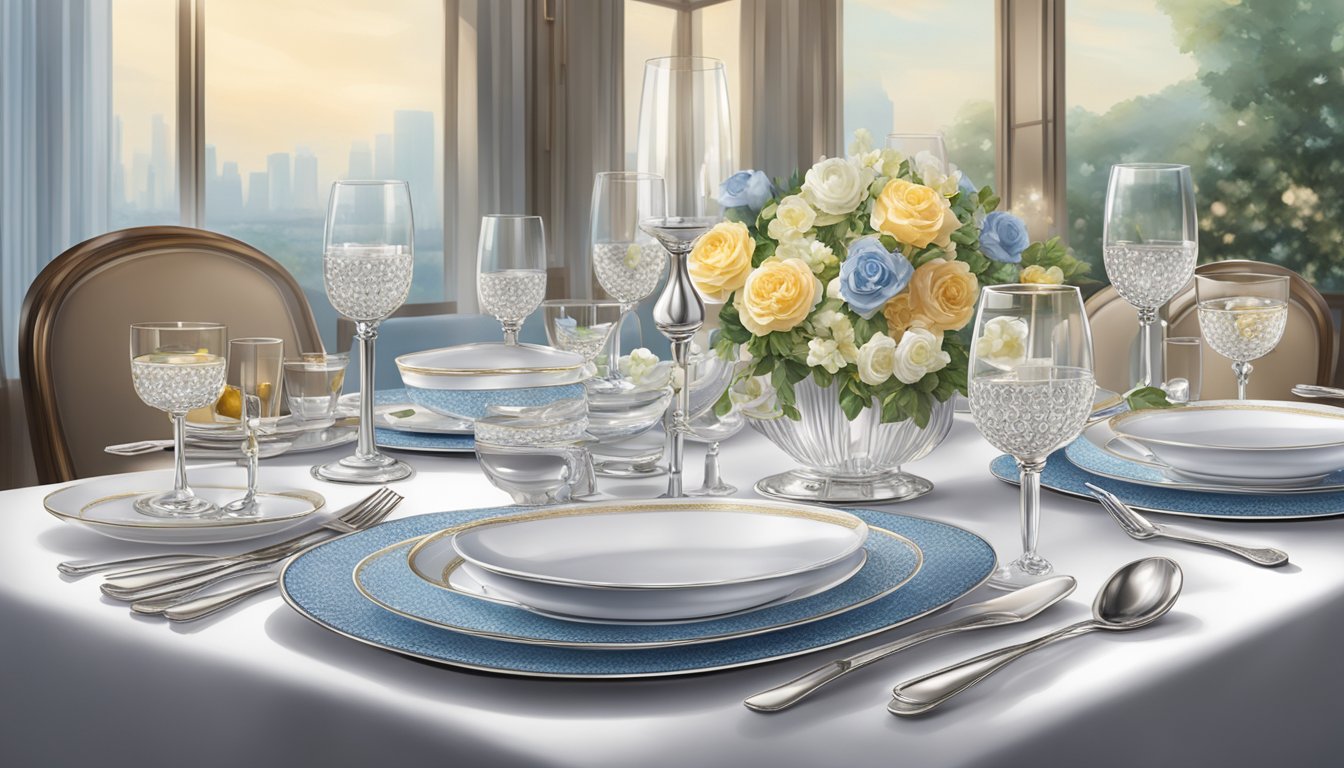 A luxurious dining table set with fine china, crystal glasses, and elegant silverware at Coca Restaurant in Singapore