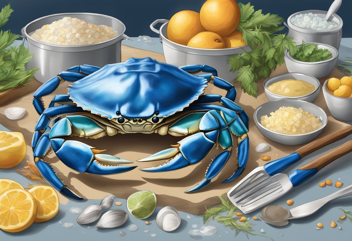 A blue crab surrounded by ingredients, a pot, and utensils for a frozen recipe