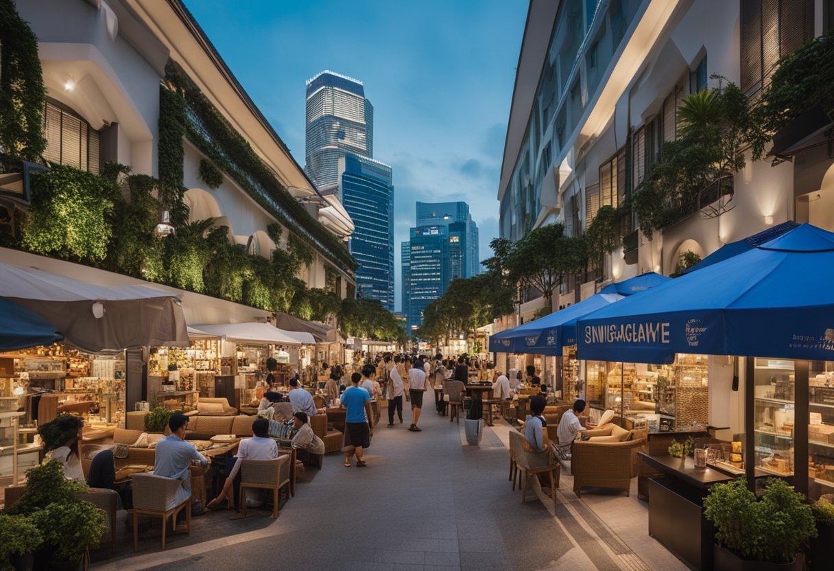 A bustling street in Singapore, lined with modern and traditional furniture stores. Brightly lit windows display a variety of sofas, tables, and decor