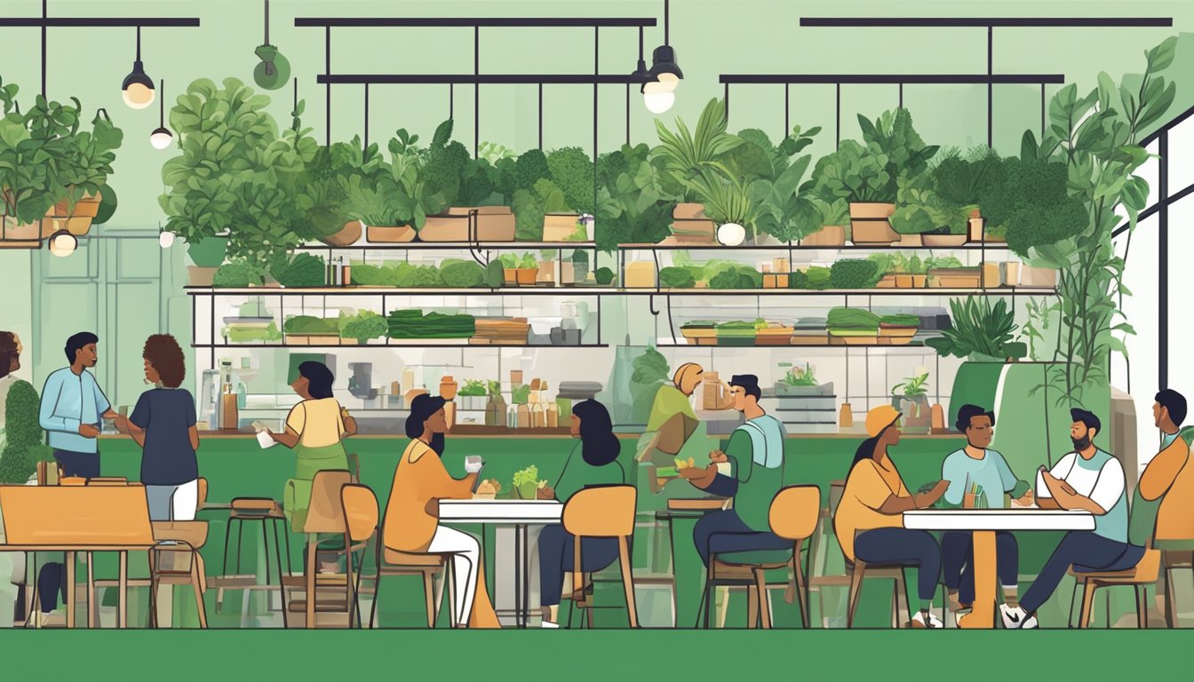 A bustling restaurant with green decor and a sign reading "Frequently Asked Questions." Customers enjoy plant-based meals and lively conversation
