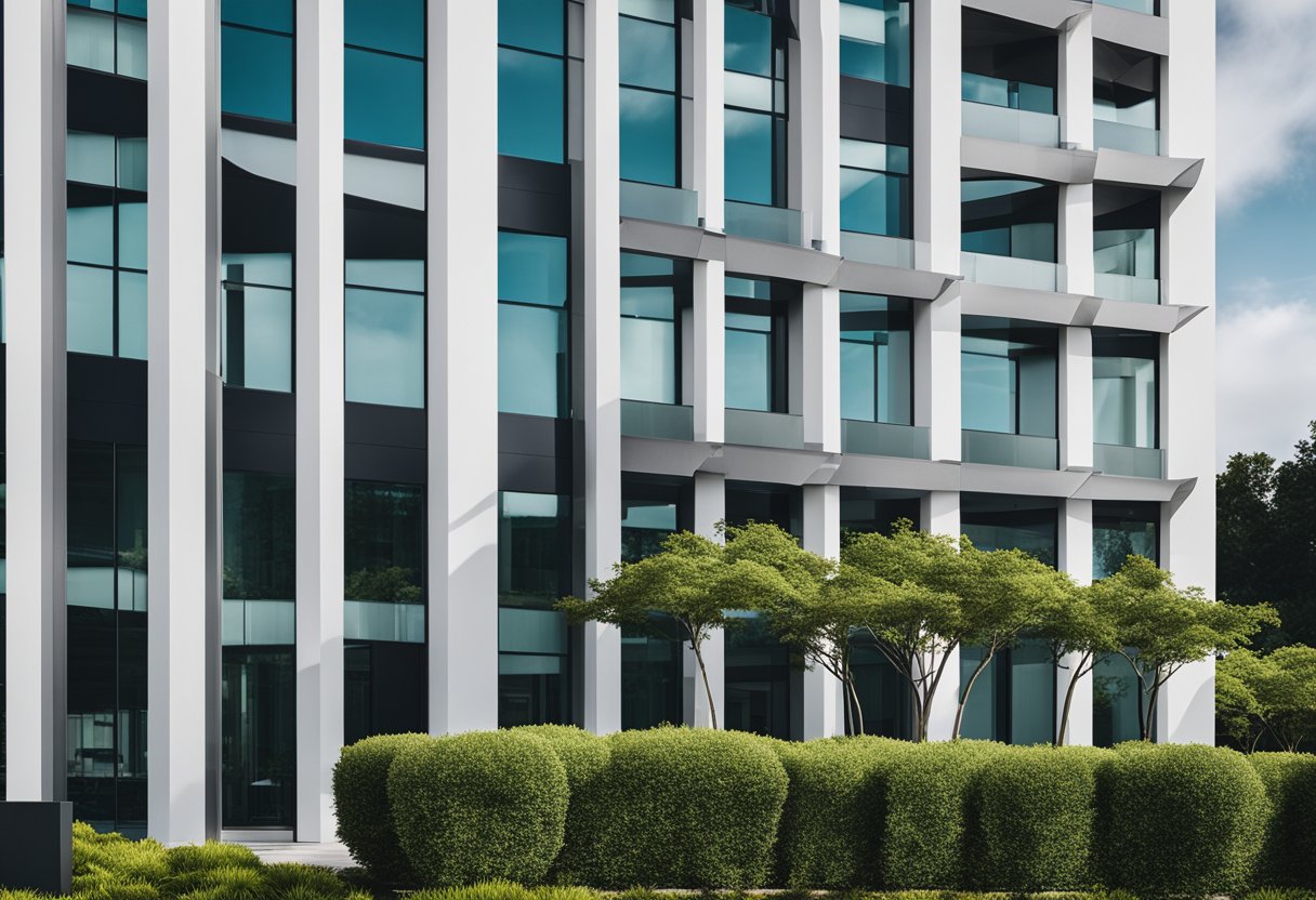 The office building features sleek, modern architecture with large windows, a spacious lobby, and green landscaping. The exterior is adorned with clean lines and a minimalistic color palette