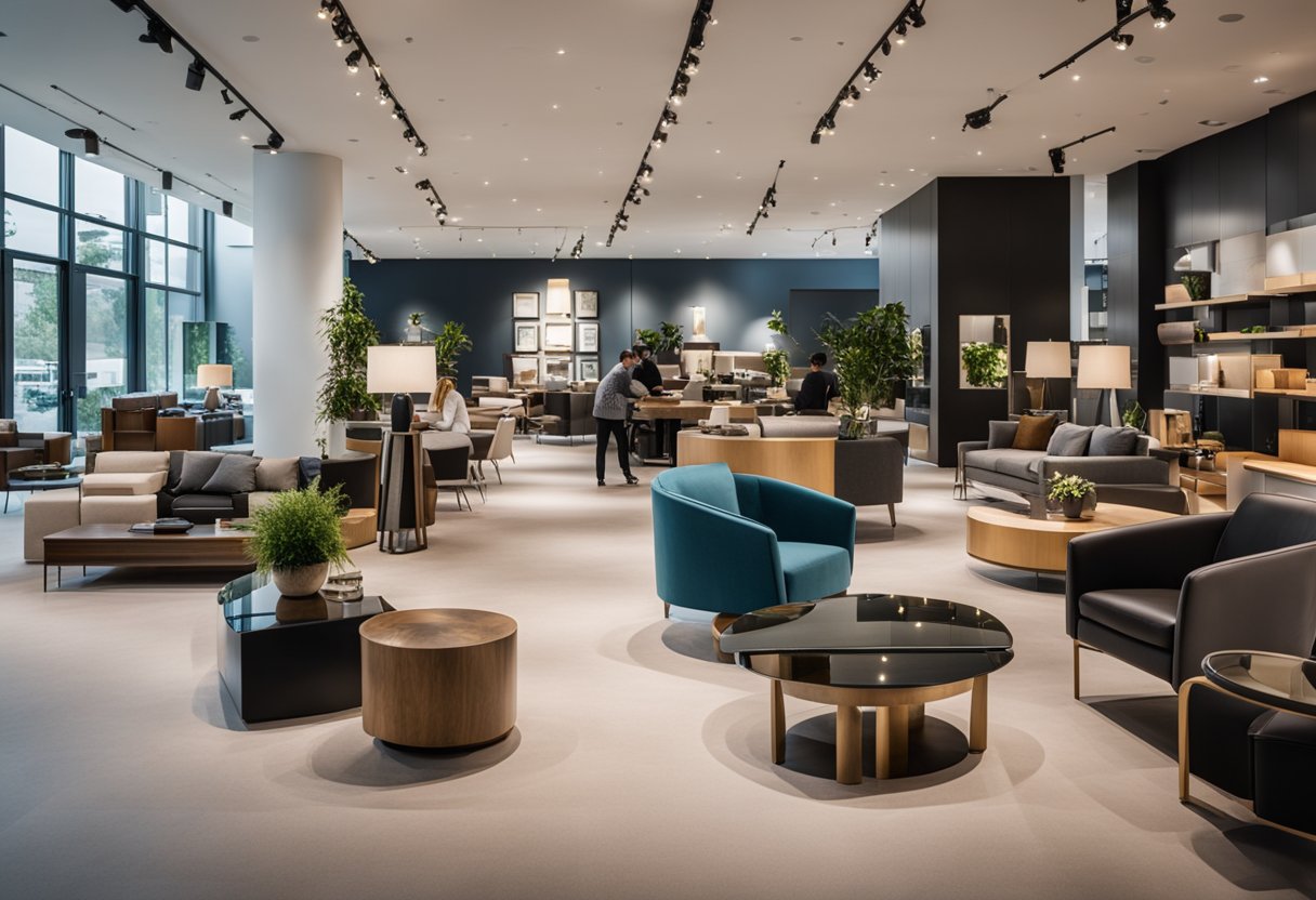 Customers browsing through modern and elegant furniture displays in a spacious showroom with natural lighting