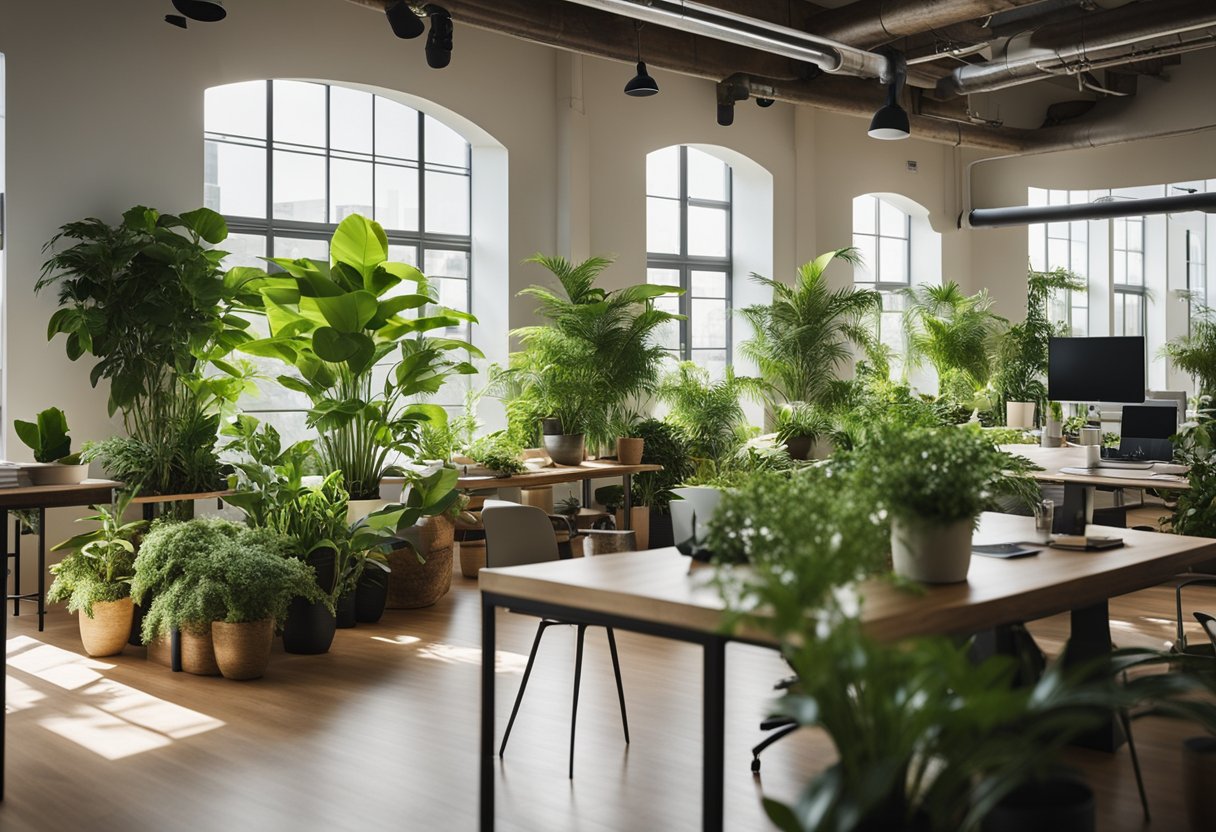 Lush green plants fill a sunlit workspace with natural light, creating a calming and rejuvenating environment. Wood accents and natural materials are seamlessly integrated, promoting a connection to nature within the office space