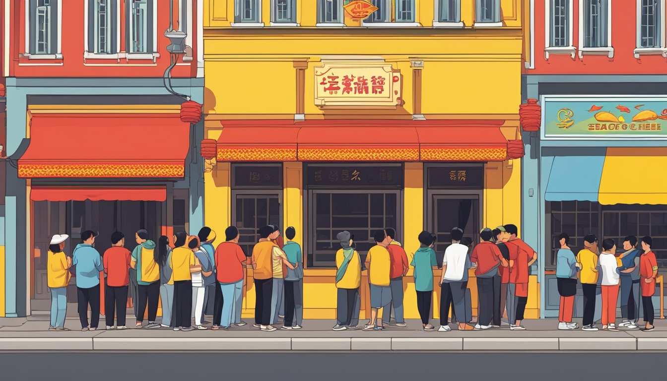 Customers line up outside the vibrant red and yellow facade of the FAQ Chai Chee Seafood Restaurant, eager to experience the renowned flavors within