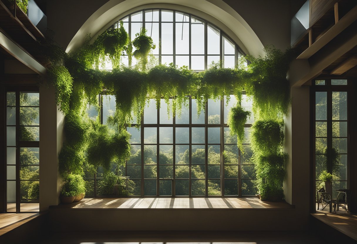 Lush greenery cascades down from the ceiling, filling the space with vibrant life. Sunlight streams through large windows, illuminating natural wood and stone elements. A gentle breeze rustles the leaves, creating a serene and rejuvenating atmosphere