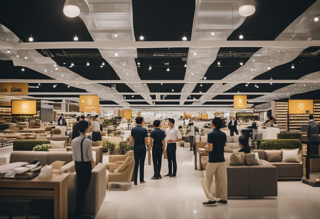 Customers browsing through aisles of furniture, employees assisting, and a large sign displaying "Frequently Asked Questions" in a big furniture store in Singapore