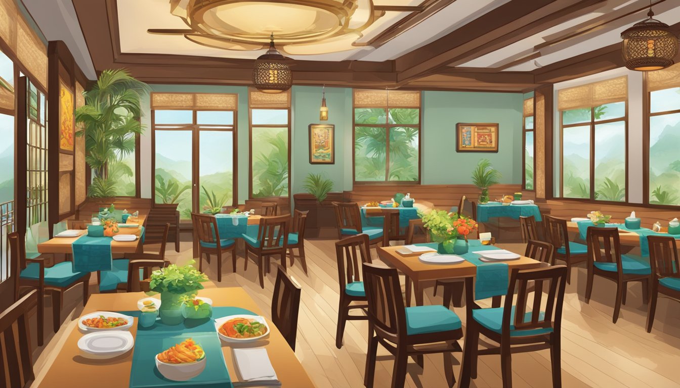The cozy interior of Den Long Vietnamese restaurant with traditional decor and steaming dishes on the tables