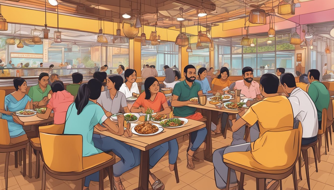 Customers enjoying a variety of aromatic Indian dishes in a vibrant and bustling restaurant setting in Jurong East
