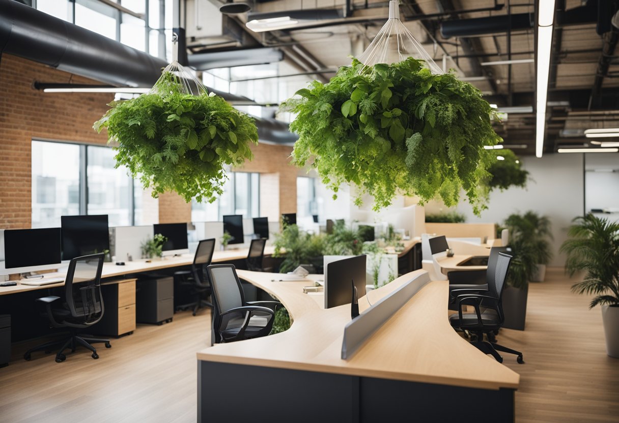Lush greenery cascades down from the ceiling, while natural light floods the open space. Wooden accents and earthy tones create a calming atmosphere, with biophilic elements seamlessly integrated into the office design