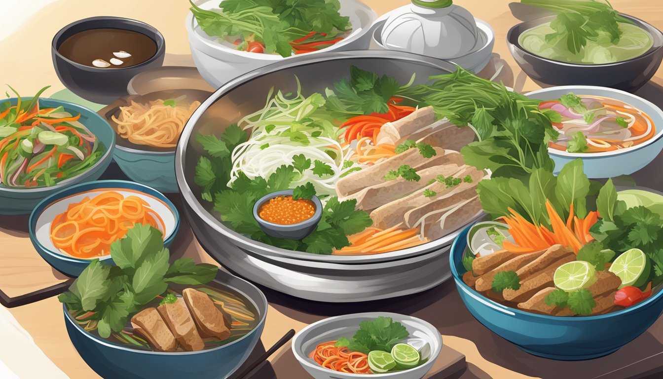 A table set with steaming bowls of pho, plates of banh mi, and colorful dishes of fresh herbs and vegetables at a cozy Vietnamese restaurant