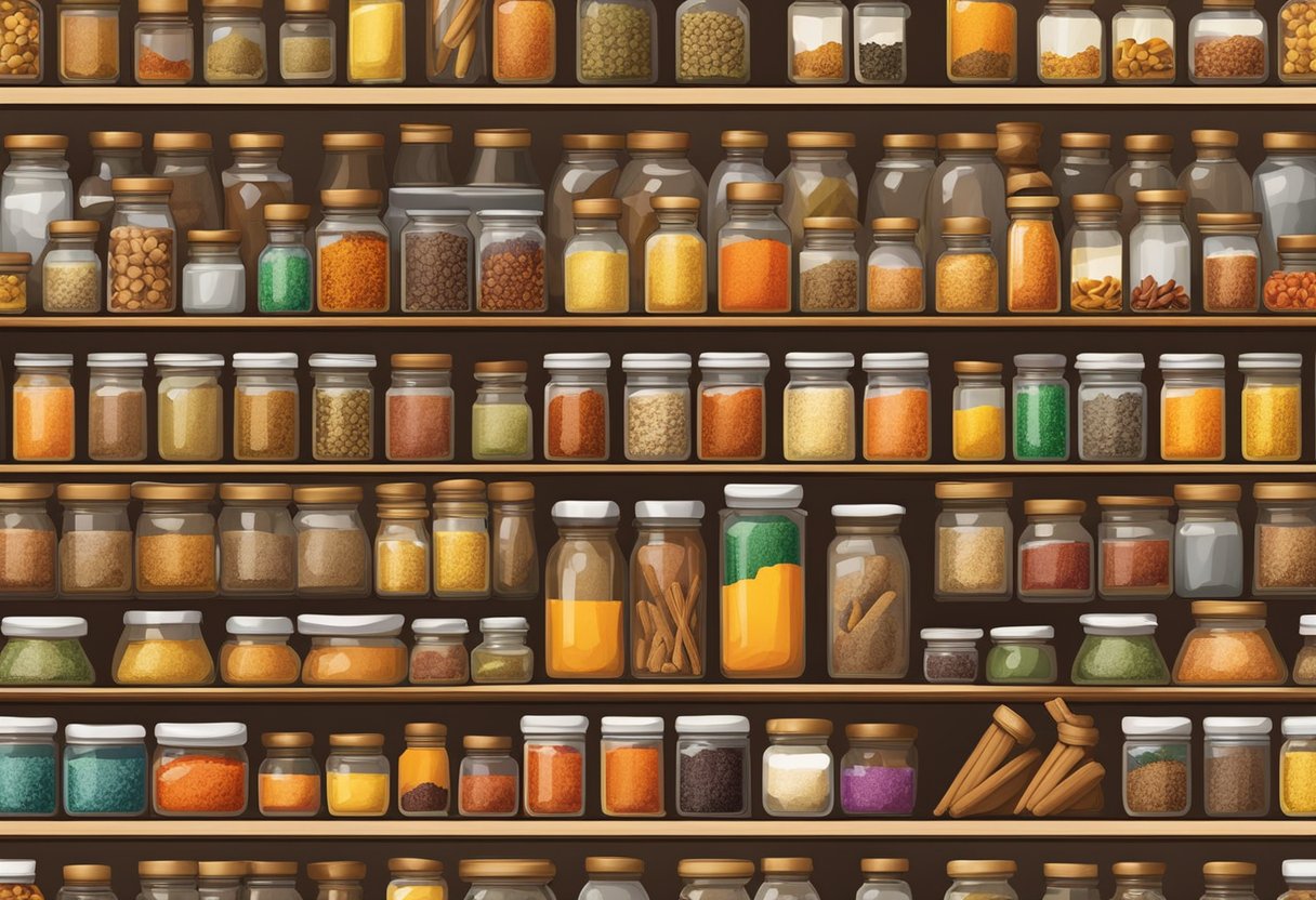 Hunger-Fighting Spice: A spice rack filled with jars of essential spices like turmeric, cayenne, and cinnamon. A variety of colorful spices arranged neatly on a shelf, ready to be used for cooking