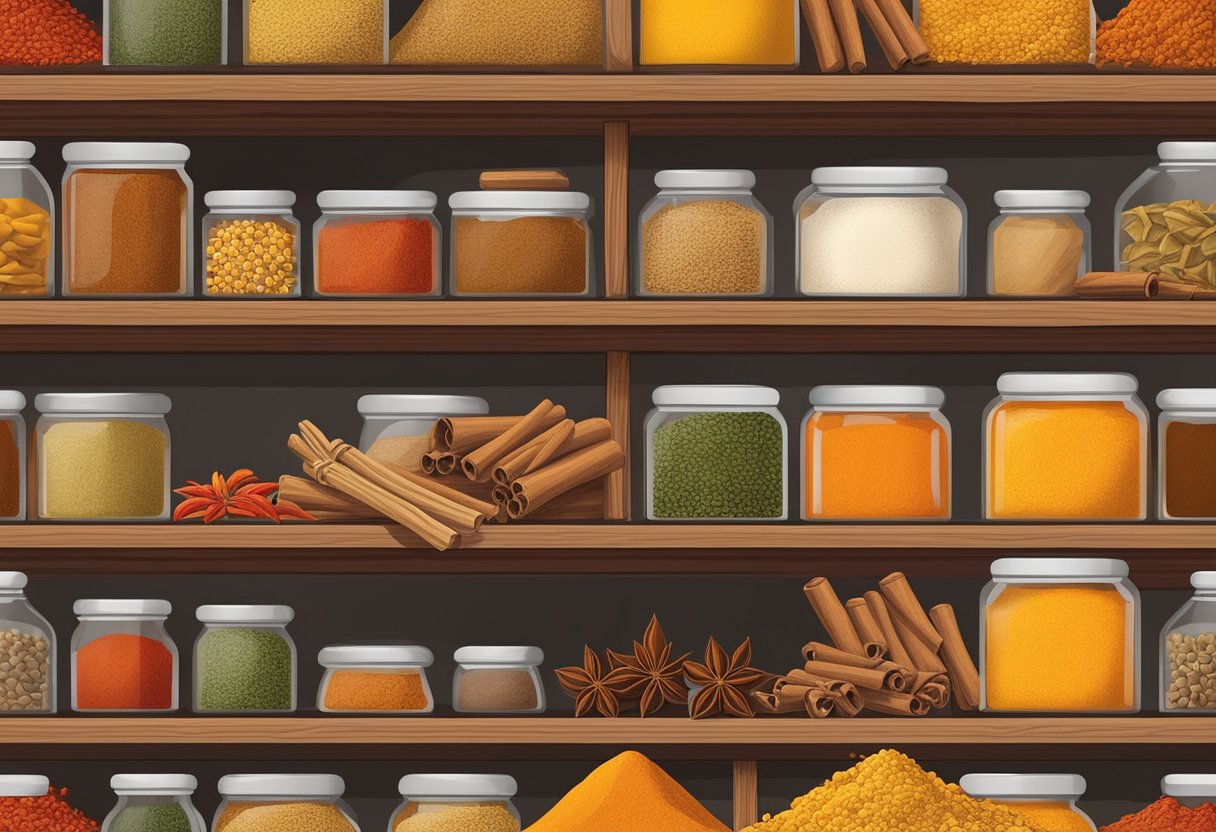 Hunger-Fighting Spice: A colorful array of spices arranged on a wooden spice rack, including turmeric, cinnamon, cayenne pepper, and ginger, evoking warmth and flavor