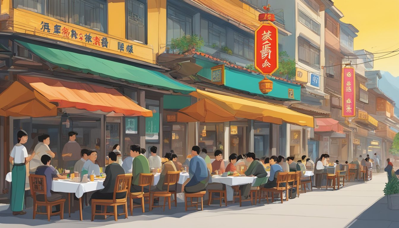 A bustling street scene with a traditional Chinese restaurant, "Hua Bee," featuring a colorful sign and outdoor seating