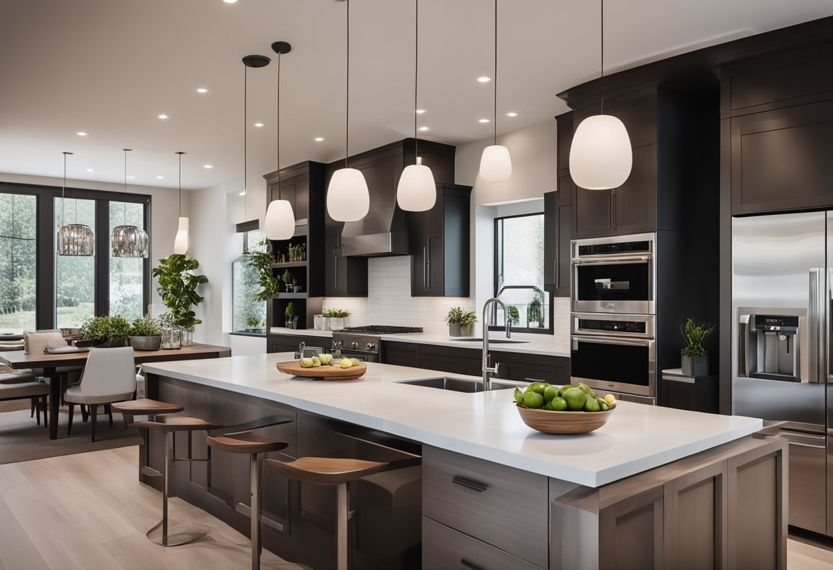 A spacious kitchen with a closed layout, featuring sleek cabinetry, modern appliances, and a central island for food preparation and socializing