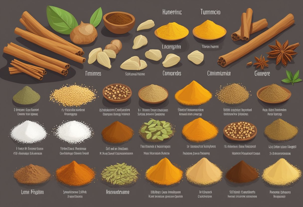 Hunger-Fighting Spice: A variety of spices arranged neatly on a kitchen counter, including turmeric, cumin, cinnamon, and ginger. Each spice is labeled with its name and purpose for hunger-fighting