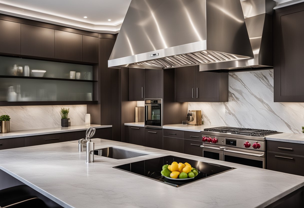 A modern kitchen with sleek stainless steel hood, surrounded by marble backsplash and pendant lighting