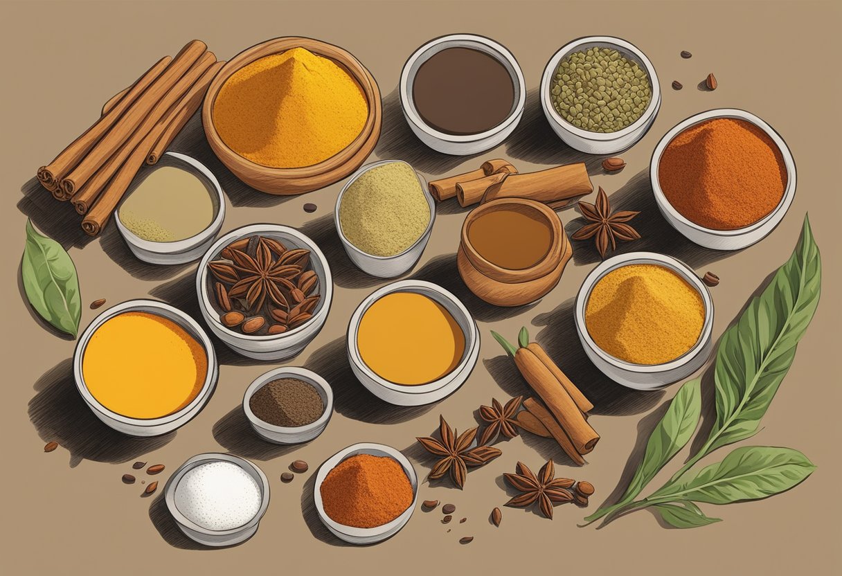 Hunger-Fighting Spice: A variety of spices arranged on a kitchen counter, including turmeric, cinnamon, and cayenne pepper. A cookbook open to a recipe for a flavorful, hunger-fighting meal