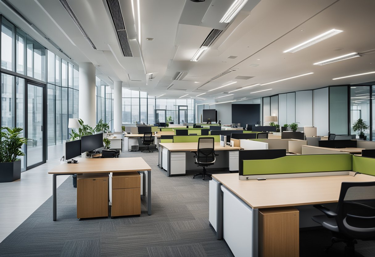 The office building features open workspaces, meeting rooms, and communal areas with modern furniture and ample natural light