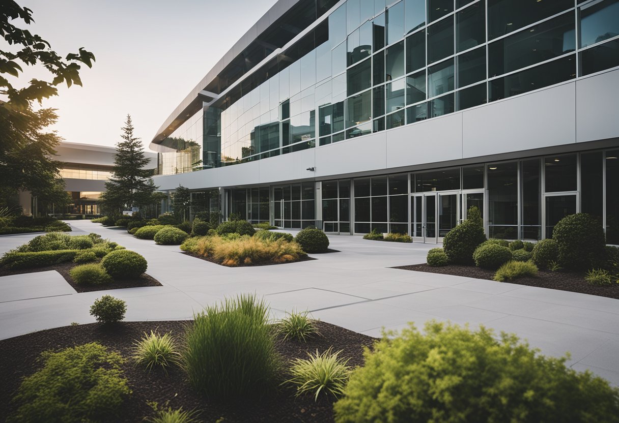 An office building with clear signage, modern architecture, and accessible entrances, surrounded by well-maintained landscaping and ample parking spaces