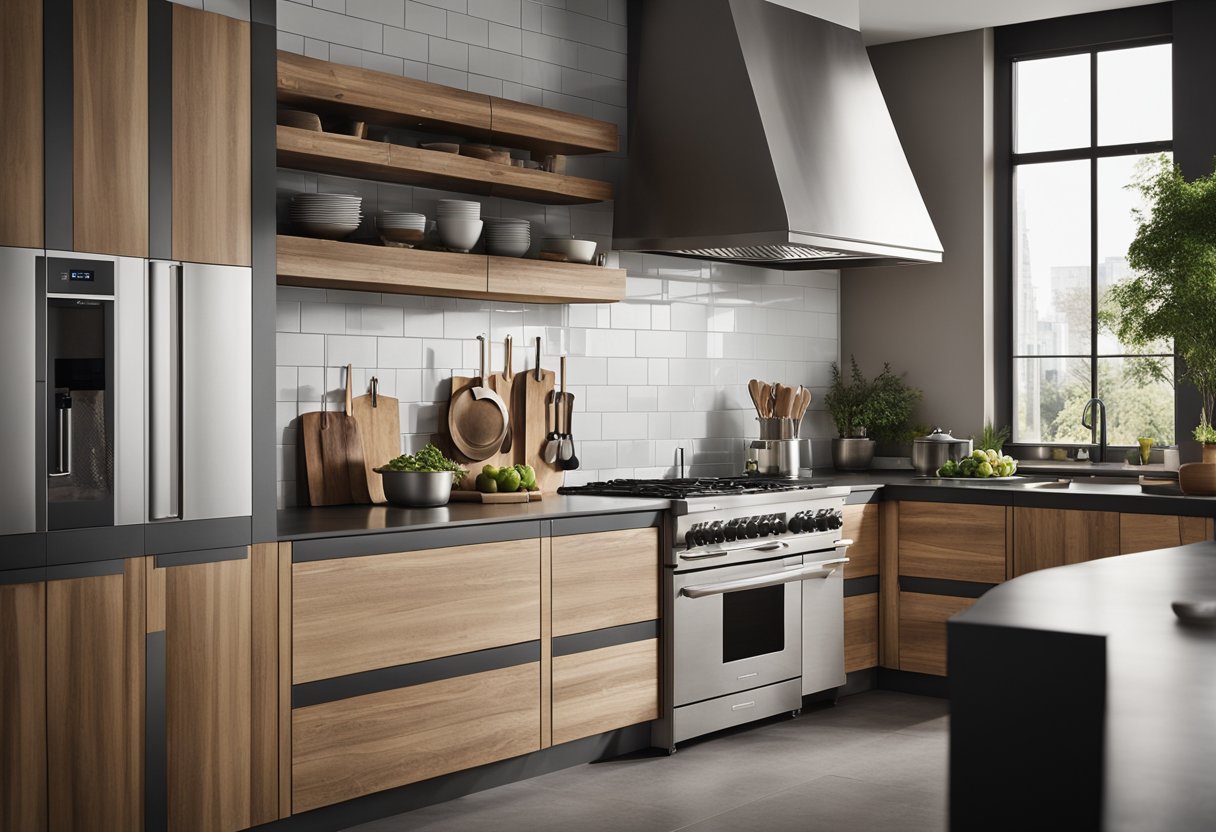 A modern kitchen with sleek stainless steel hood or a rustic kitchen with a wooden hood, showcasing various styles and materials