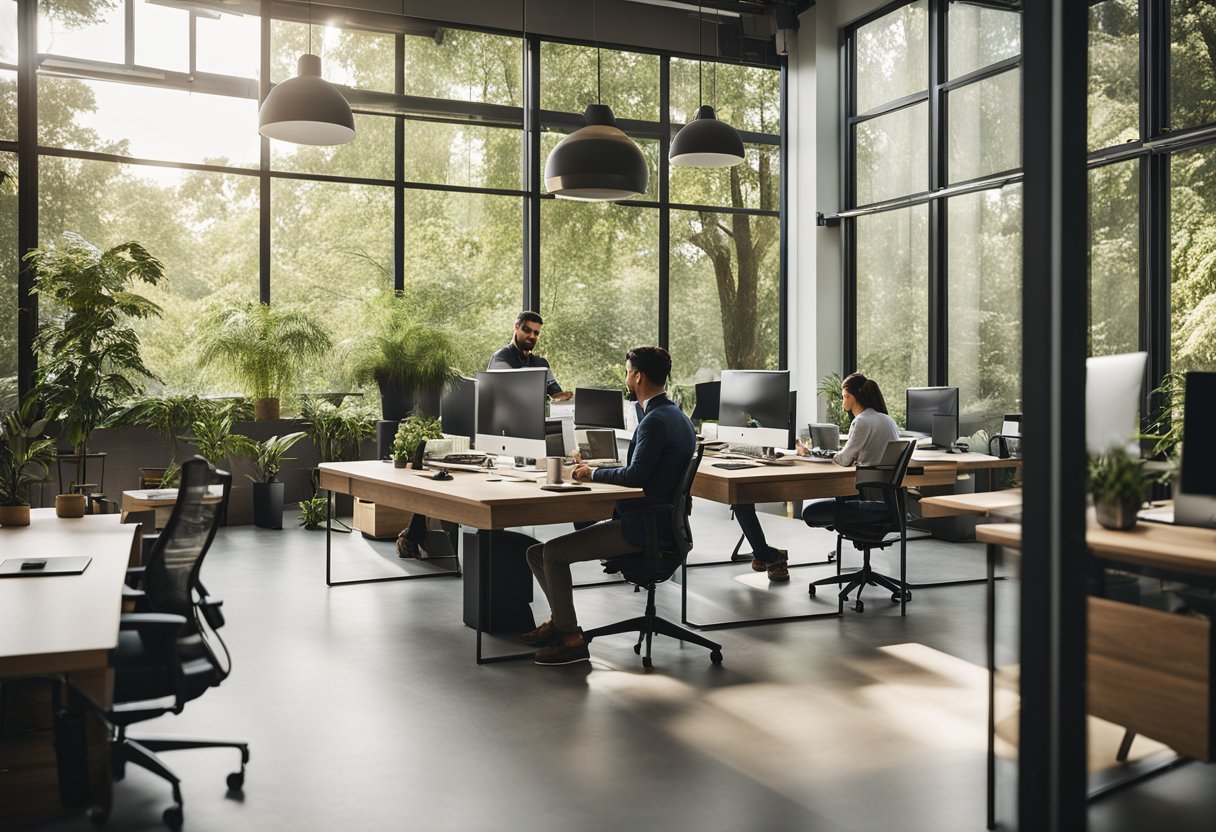 An open office space with large windows, natural light, and plenty of greenery integrated into the design. Employees are seen working at standing desks and meeting in cozy, nature-inspired meeting areas