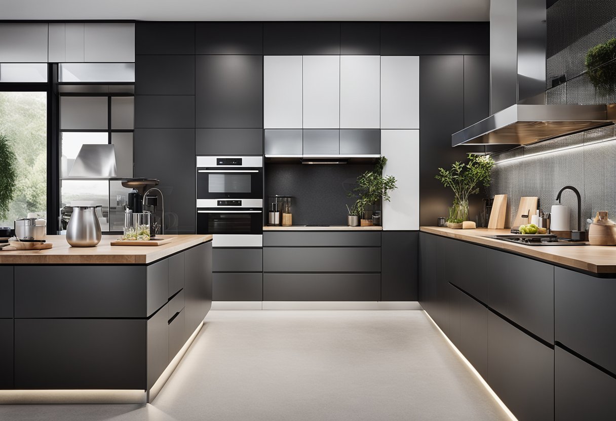 A modern, sleek kitchen with closed concept design, clean lines, and integrated appliances
