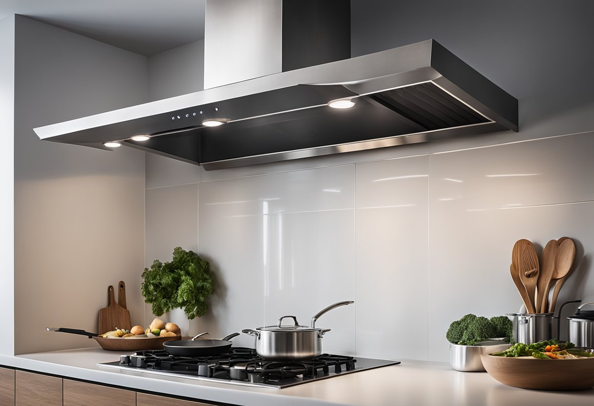 A sleek stainless steel kitchen hood hovers over a modern stovetop, with clean lines and minimalist design. The hood features integrated lighting and a sleek, unobtrusive profile