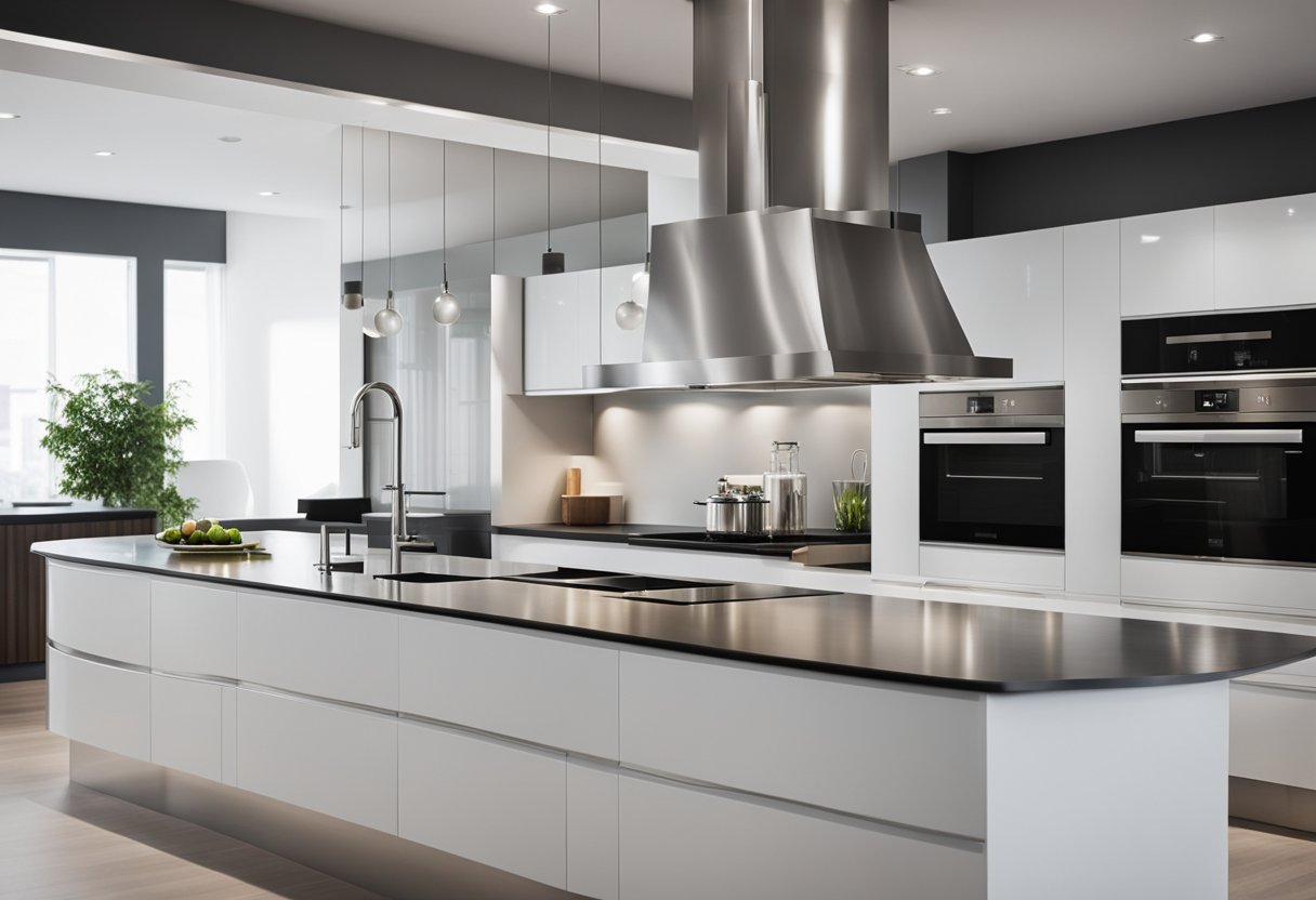 A modern kitchen with sleek, stainless steel hood designs, clean lines, and minimalist features