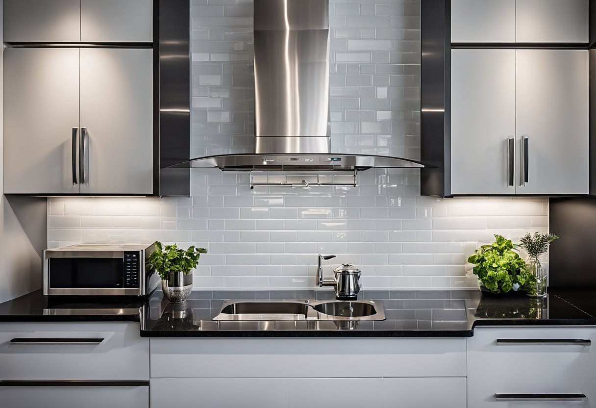 The condo kitchen cabinet design features sleek, modern lines, with high-gloss white cabinets and stainless steel hardware. The countertops are a polished black granite, and the backsplash is a simple subway tile in a light gray color