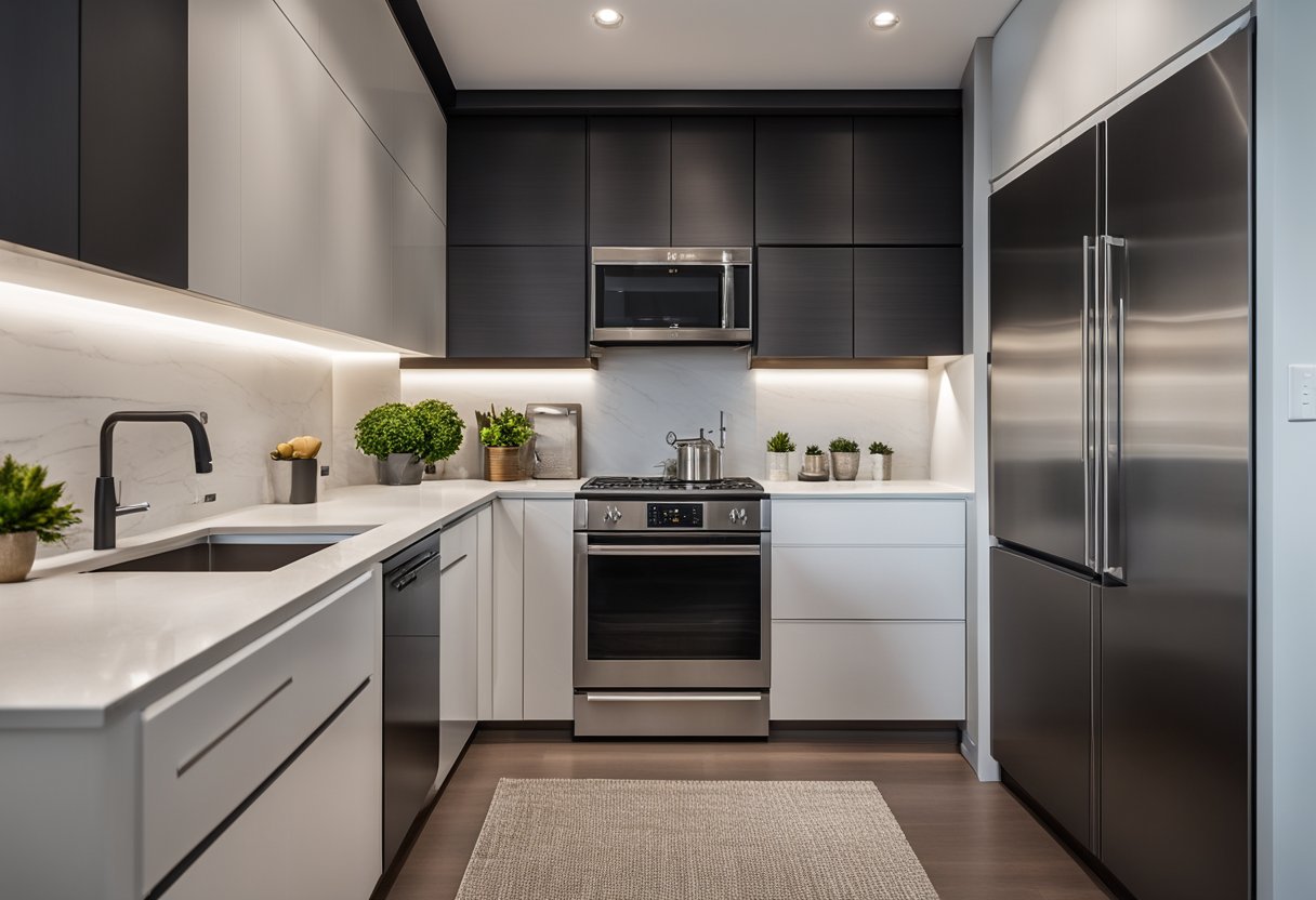 A sleek, modern condo kitchen with floor-to-ceiling cabinets, cleverly designed to maximize storage space