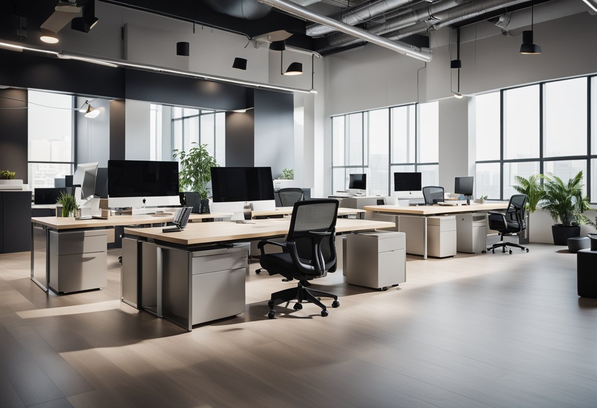 A modern, organized office space with sleek furniture, minimal clutter, and clear signage for "Frequently Asked Questions" area
