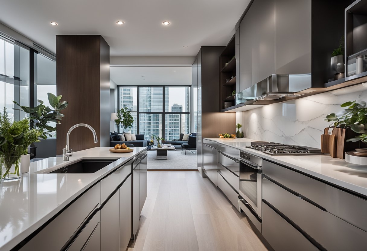 The sleek, modern condo kitchen features clean lines, minimalist hardware, and high-gloss white cabinets with integrated lighting