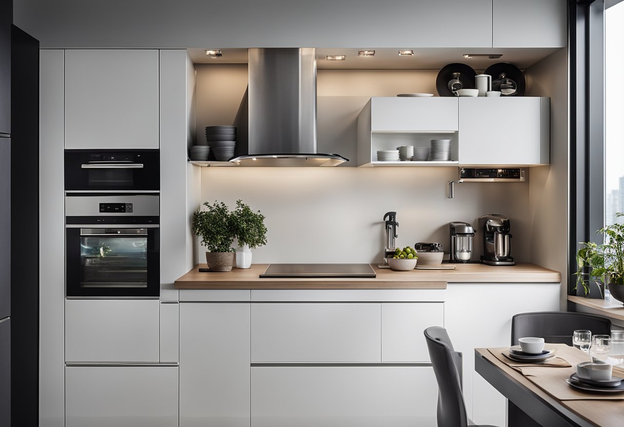 A modern condo kitchen with sleek, white cabinets, integrated appliances, and organized storage solutions