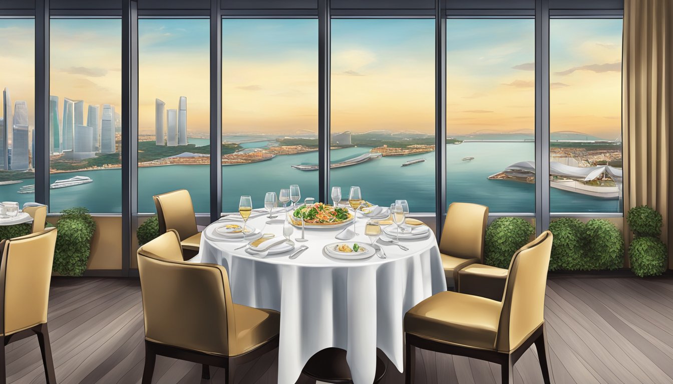 A table set with fine Italian cuisine, overlooking the Marina Bay at Marina Bay Sands Italian restaurant