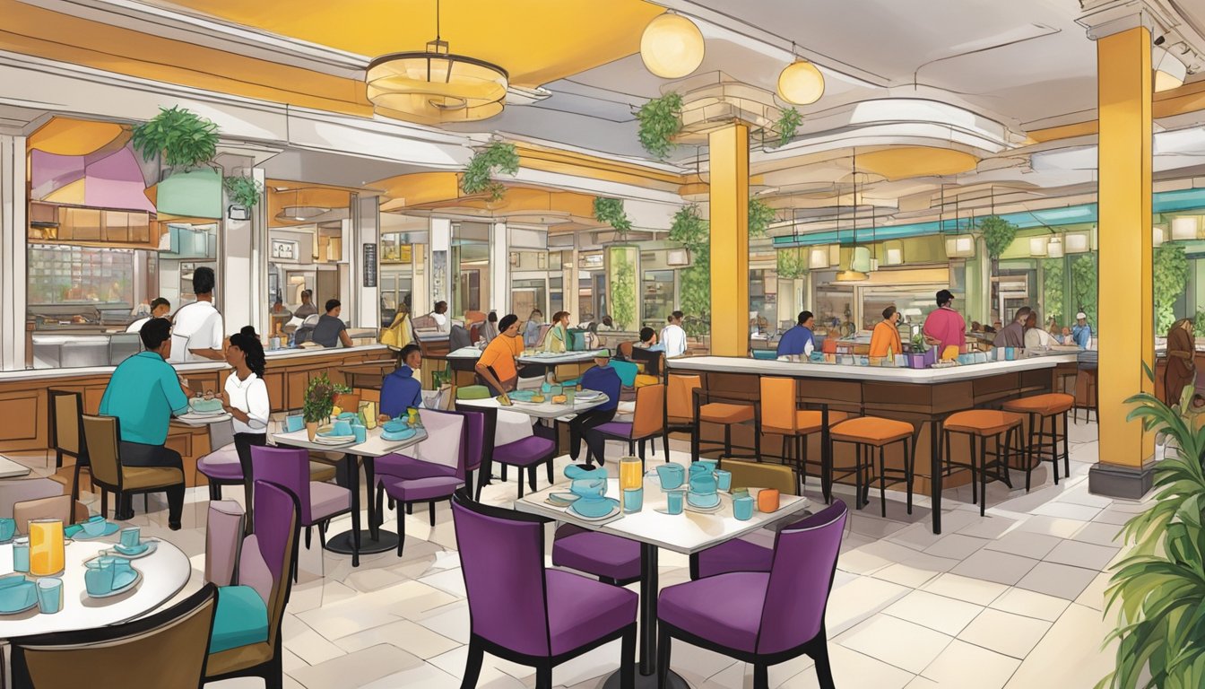 The bustling Hillion Mall restaurant is filled with diners enjoying their meals, while waitstaff hurry about attending to tables. The vibrant atmosphere is enhanced by the colorful decor and the delicious aromas wafting from the kitchen