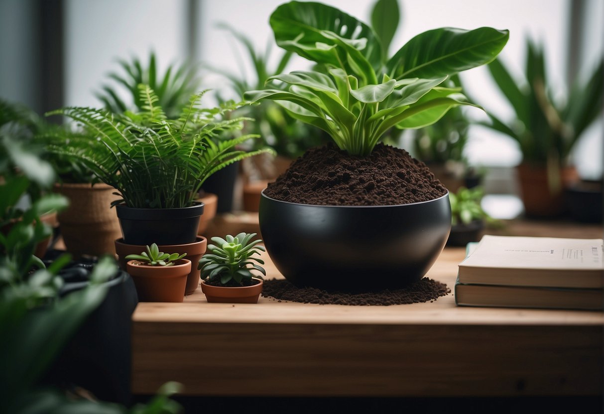 Rich, dark soil fills a decorative pot, surrounded by lush green indoor plants thriving in the nutrient-rich environment