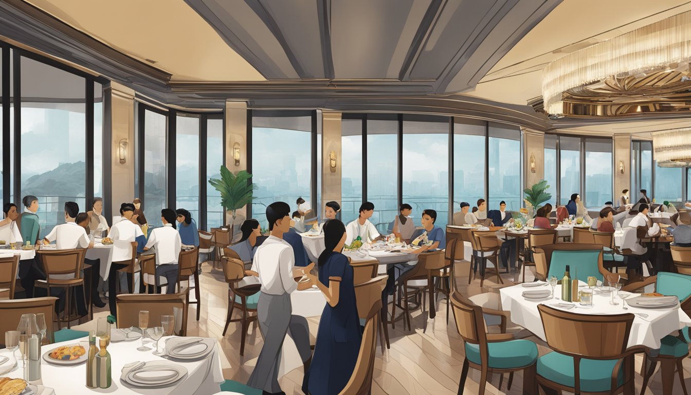 A bustling Italian restaurant at Marina Bay Sands, with diners enjoying their meals and waitstaff attending to tables
