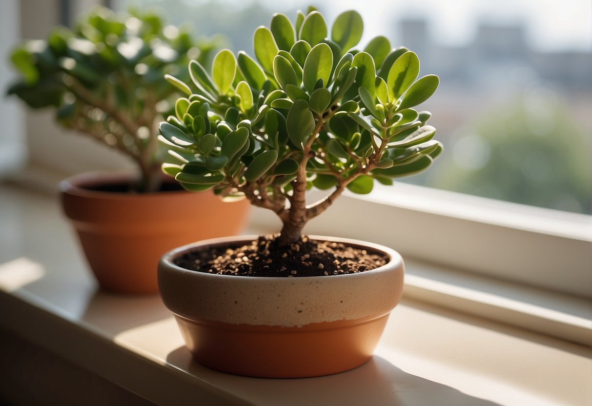 A jade plant sits on a sunny windowsill, surrounded by well-draining soil in a terracotta pot. A small dish beneath the pot collects excess water. The plant is lush and healthy, with glossy green leaves