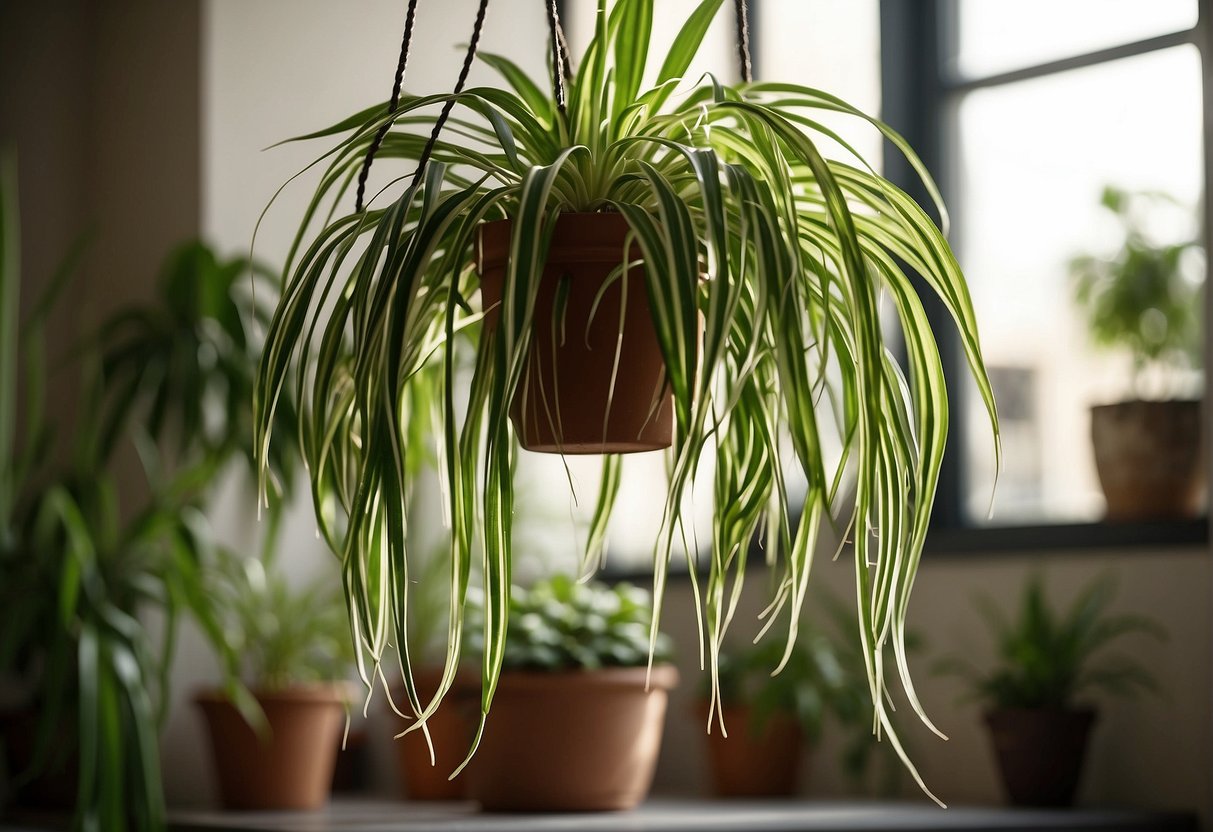 A spider plant hangs from a macrame hanger in a sunlit room. A watering can sits nearby, ready to nourish the plant's long, arching leaves