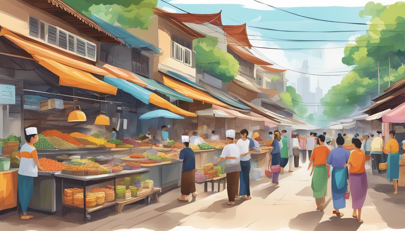 The bustling street of Jalan Kayu is filled with colorful food stalls and aromatic spices, as chefs skillfully prepare a variety of culinary delights for eager customers