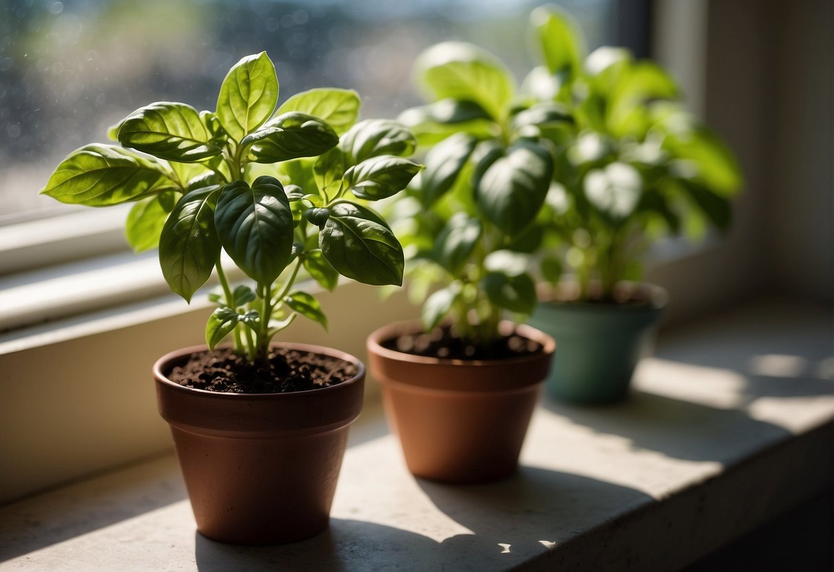 A basil plant sits in a sunny windowsill. It is watered every few days, with the soil kept moist but not waterlogged. Pruned regularly to encourage new growth