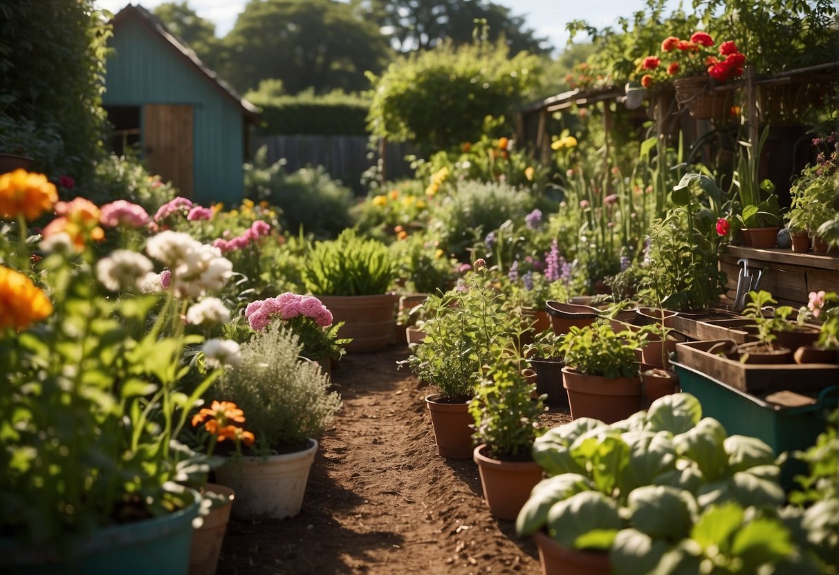 A garden with colorful flowers, lush green plants, and a variety of vegetables growing in neat rows. A small shed in the background holds gardening tools and pots. A peaceful, sunny day with birds chirping